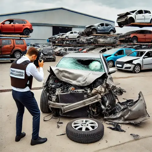 Dalle2025 02 0311.23.24 2.atotallossvehicleataninsurancesalvageyard.thecarisheavilydamagedwithdeployedairbagsandabentframe.aninsurancecompanyemployee Talesgo.com