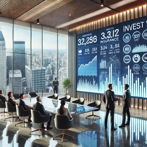 Dalle2025 02 0311.23.32 3.aluxuriousinsuranceofficewhereexecutivesarediscussinginvestments.alargedigitalscreenshowsfinancialchartsanddataonwhereinsurance Talesgo.com