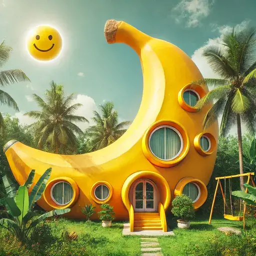 Dalle2025 02 0513.27.38 Awhimsicalsceneofagiantbanana Shapedhouseinasunnytropicallandscape.thehouseisbrightyellowwithcurvedwallslargewindowsandsurr Talesgo.com