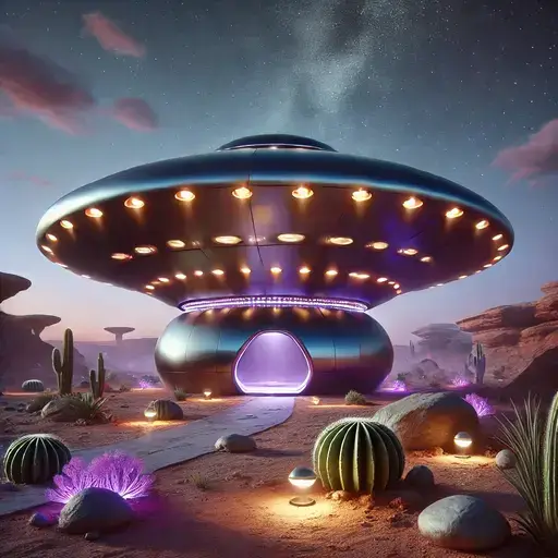 Dalle2025 02 0513.27.46 Afuturisticalien Themedhomeresemblingaufo.ithasasleekmetallicsurfacewithglowinglightsaroundtheedgessituatedinanotherworldlyd Talesgo.com