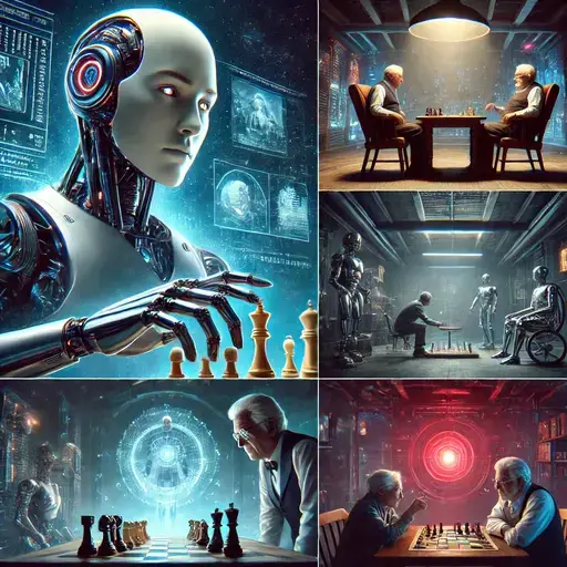Dalle2025 02 0722.31.55 1.ahigh Techandroidplayingchessagainstanelderlygrandmasterinadimlylittenseroom.therobotsmechanicalfingershoveroverapiecewhitalesgo.com