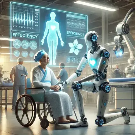 Dalle2025 02 0722.32.43 1.asleekfuturisticrobotkneelingbesideanelderlypatientinahospitalroomgentlyholdingtheirhandwhiledisplayingmedicaldataonahologtalesgo.com