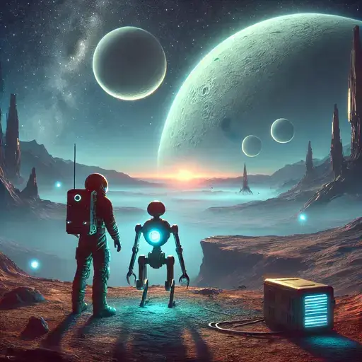 Dalle2025 02 0722.35.03 Afuturisticsceneonadistantplanetunderasurrealskywithmultiplemoons.ahumanastronautstandsbesidearoboticscoutattheedgeofanunkntalesgo.com