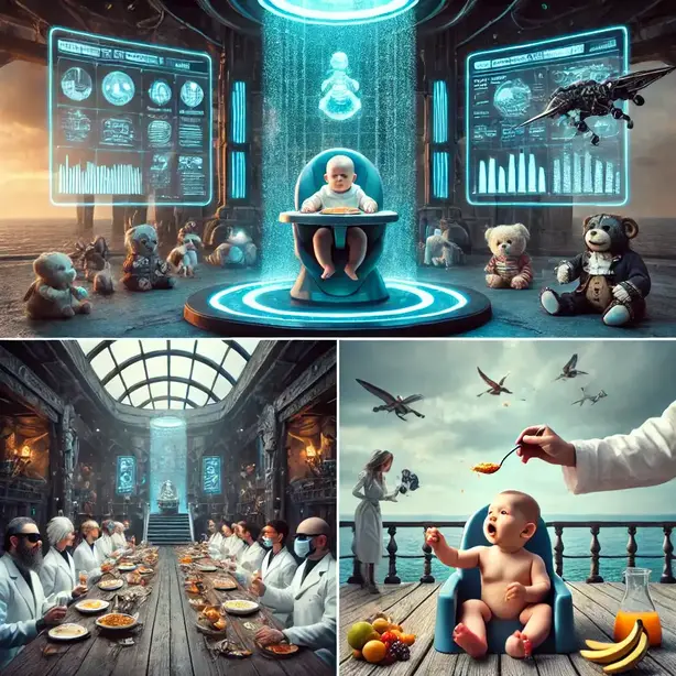 Dalle2025 02 1418.41.09 1.afuturisticbabyfoodceremony Asleekhigh Techchamberwithglowingbluehologramsdisplayingnutrientcompositionsofdifferentfoods.talesgo,com