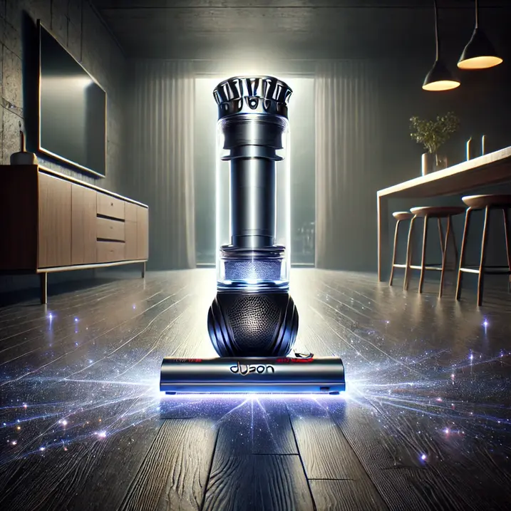 Dalle2025 02 1512.11.12 Ahyper Realisticimageofadysonvacuumcleanerglowingwithlaserlightsthatilluminatethesmallestdustparticlesonawoodenfloor.talesgo.com