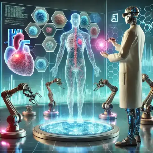 Dalle2025 02 1619.32.51 Afuturisticdepictionofregenerativemedicine Ahigh Techlaboratorywithglowingholographichumanorgansbeingrepairedbyadvancedroboticarms Talesgo.com