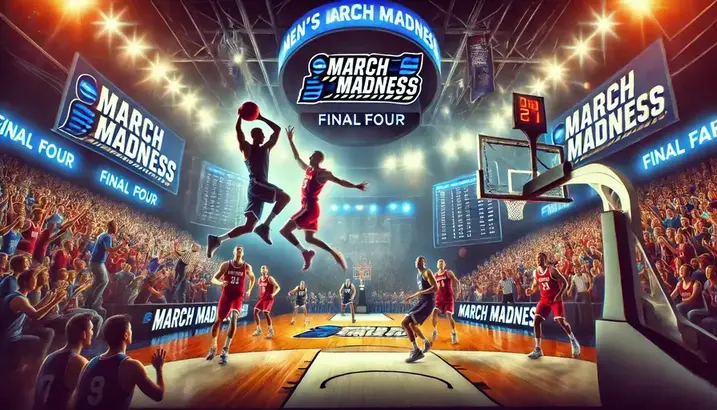 Anexcitinganddynamicscenedepictingthemensmarchmadnessbasketballtournament.theimageshouldshowcaseapackedstadiumwithcheeringfans talesgo.com
